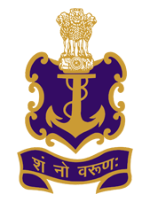 Indian Navy emblem with an anchor, Ashoka emblem, and Sanskrit motto Sham No Varunah in gold and blue.