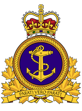 A gold anchor emblem with a crown above and maple leaves, featuring the motto Parati Vero Parati.