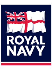 Royal Navy logo with a waving naval flag above the bold white text ROYAL NAVY on a dark blue background.