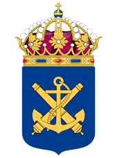 Blue shield with crossed yellow anchors, a rope, and crown with jewels and ornaments above.