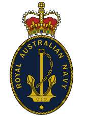 Royal Australian Navy emblem with crown, anchor, and chain on a blue oval background.