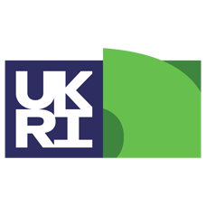 UKRI logo with bold white letters on a dark blue square and green geometric shapes on the right.