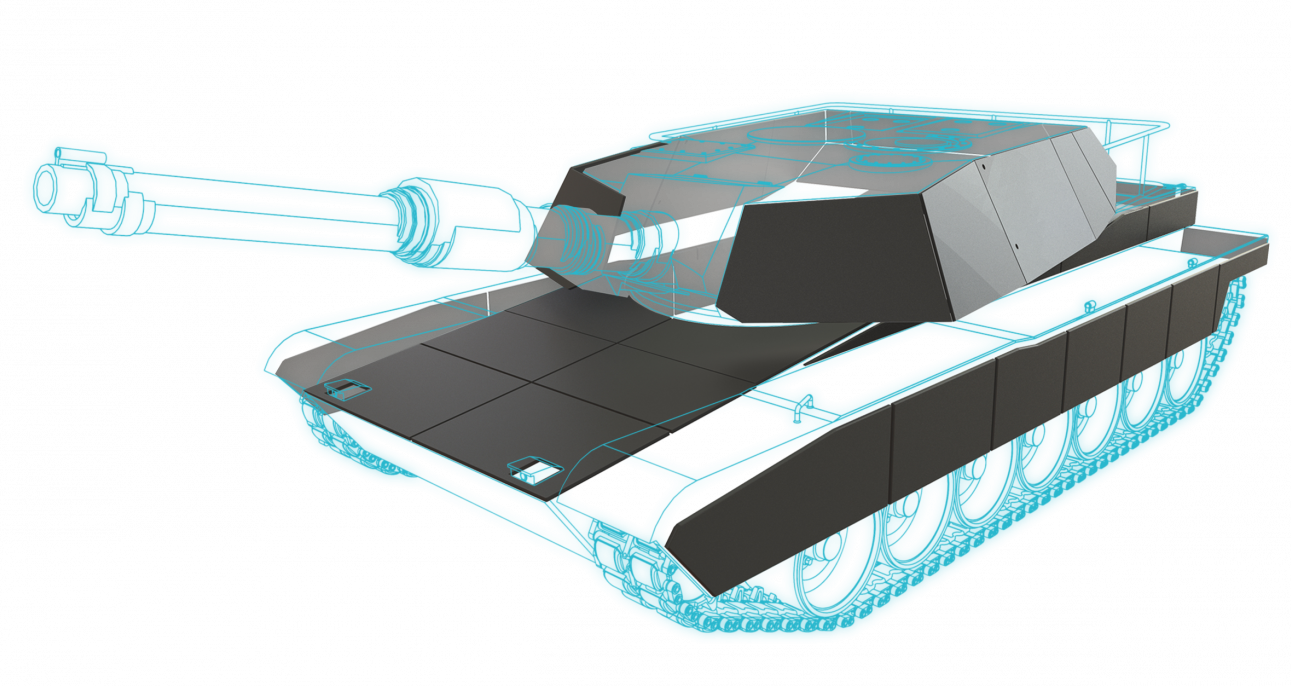 Applique-CAD-e1635165096953 3D rendering of a modern tank with a blue digital wireframe overlay on a black body.