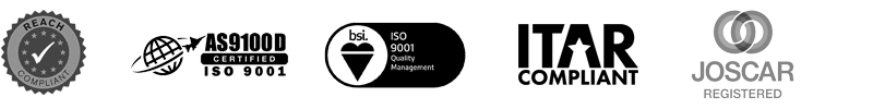 Compliance2 Five certification logos: FACCR, AS9100, ISO 9001, ITAR Compliant, and JOSCAR Registered, in black and white.