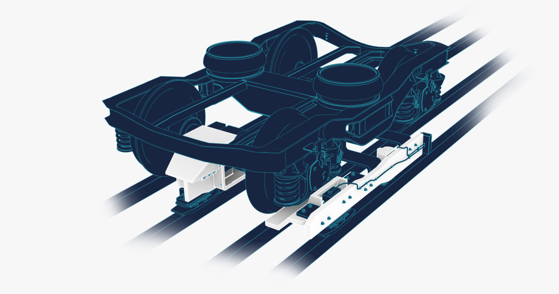 Illustration of a train wheelset with suspension system on railway tracks, showing technical components.