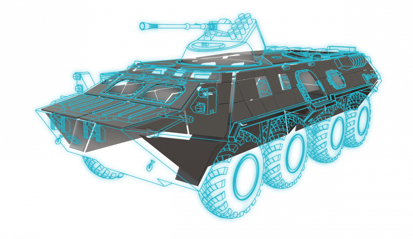 Spall-Liner-CAD-e1635159325787 Black armored vehicle with blue digital line overlay, highlighting its structure and features.