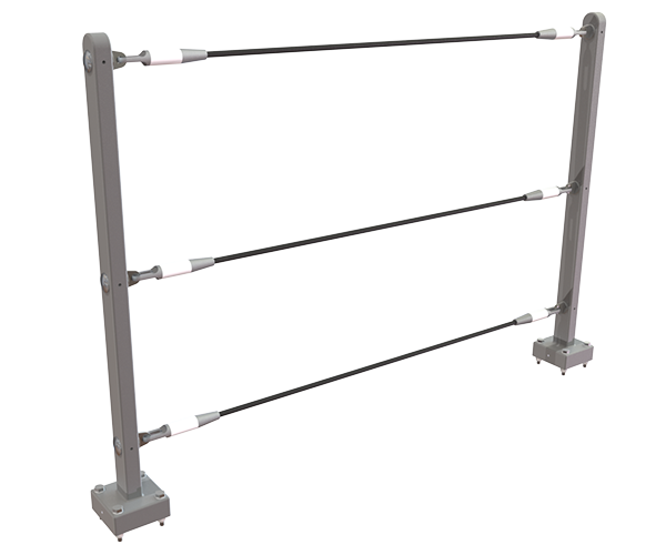 Parafil2 (1) Three horizontal metal cables stretched between two vertical gray posts.