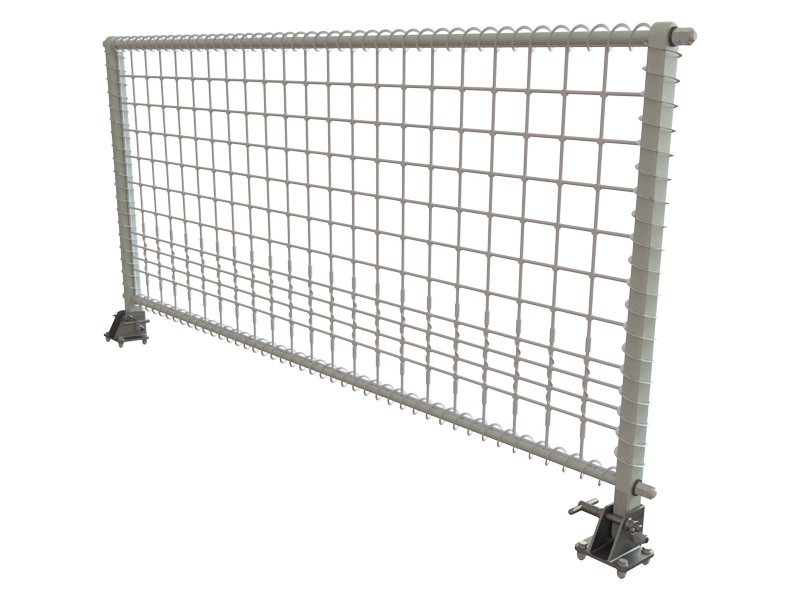 SAFETYNET2 (1) A metal mesh safety barrier with a rectangular grid pattern and stable base clamps.