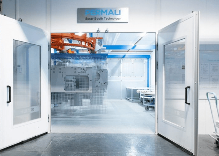 Open double doors reveal a high-tech industrial spray booth labeled PERMALI Spray Booth Technology.