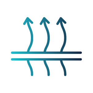 pressure-redistribution_icon_banner v2_v copy (1) Three wavy arrows pointing upward through two horizontal lines, symbolizing breathability or airflow in a pressure redistribution mattress.