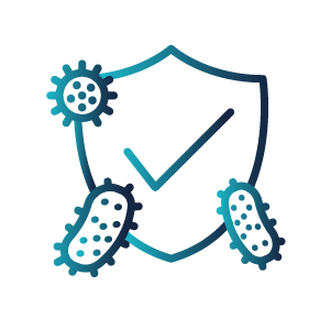 pressure-redistribution_icon_banner v2_v copy 2 (1) Shield with checkmark surrounded by three bacteria, symbolizing protection against germs or infection—ideal for environments using a pressure redistribution mattress.