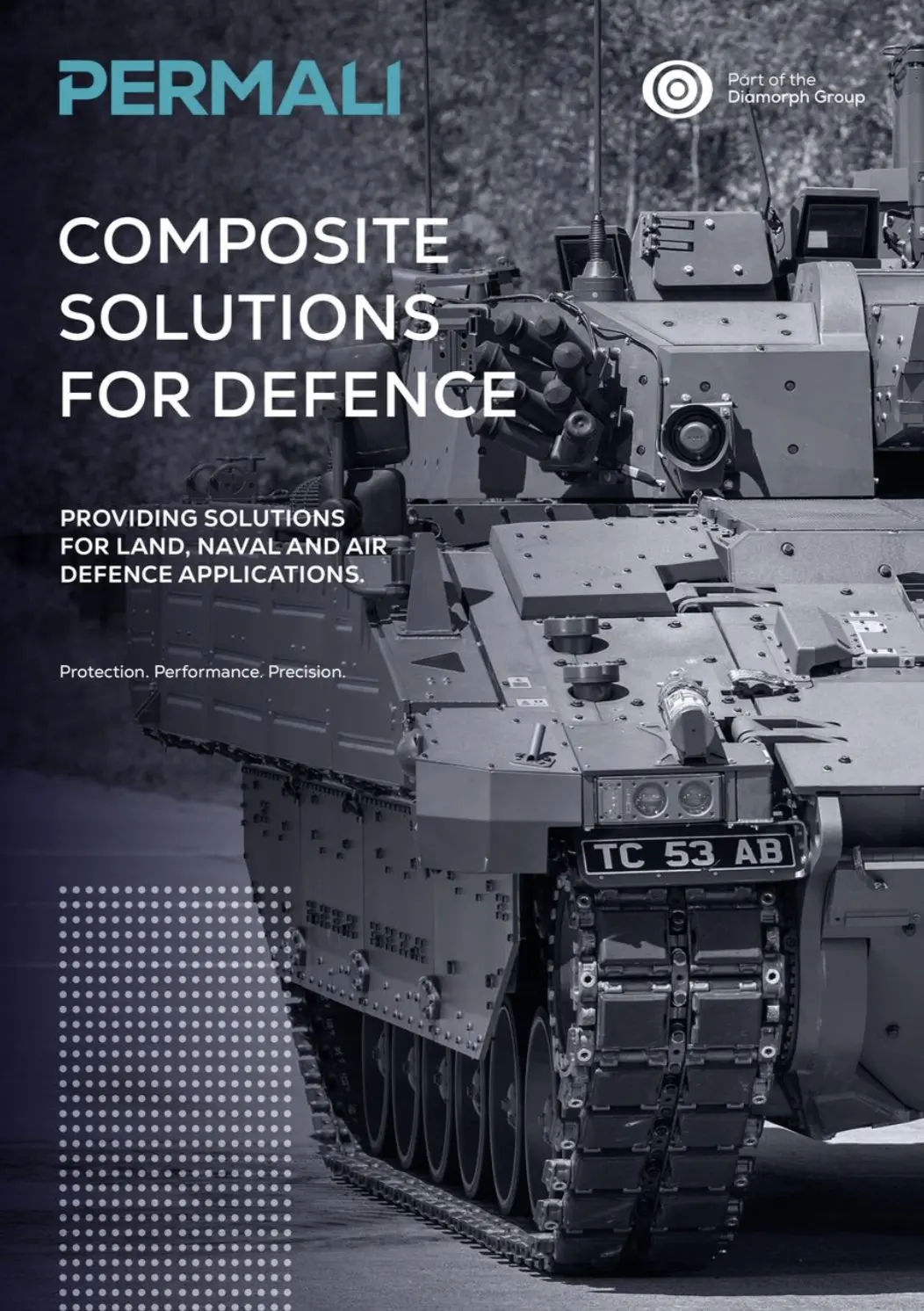 Armored military vehicle with text about Permalis composite solutions for land, naval, and air defense applications.
