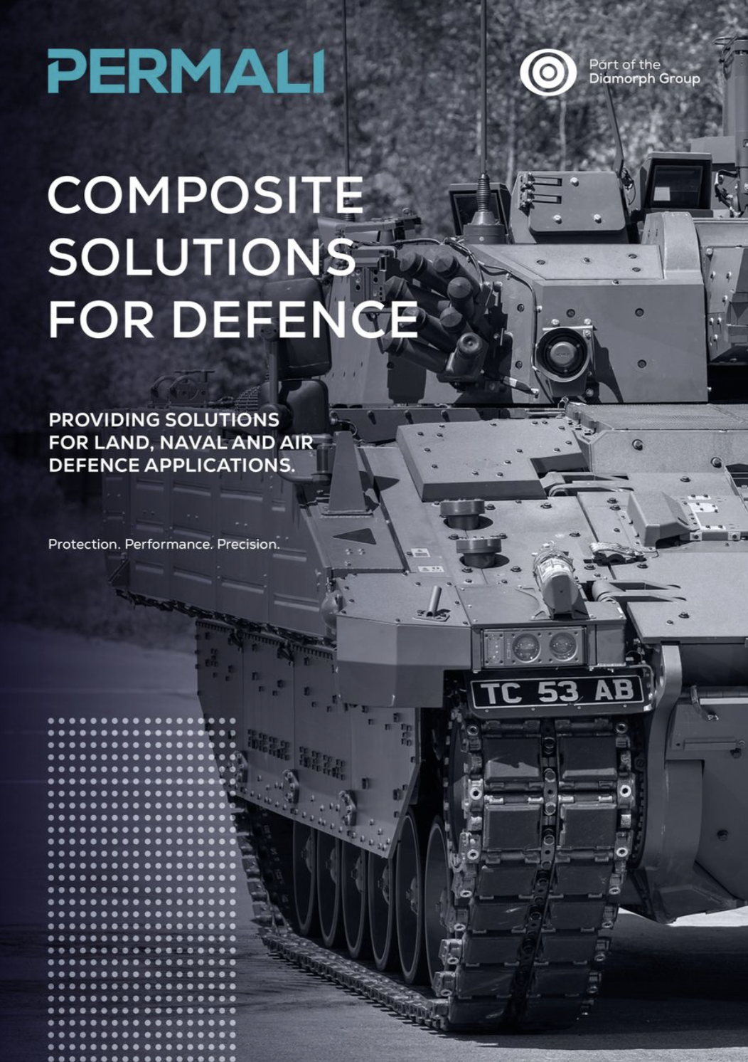 Armored military vehicle with text about Permalis composite solutions for land, naval, and air defense applications.