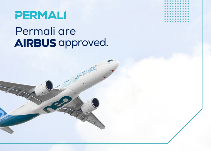 A large Airbus airplane flies upward with the text Permali are AIRBUS approved above it.