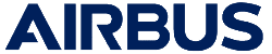 Airbus logo in bold, dark blue capitals on a white backdrop with tactical hard flooring.