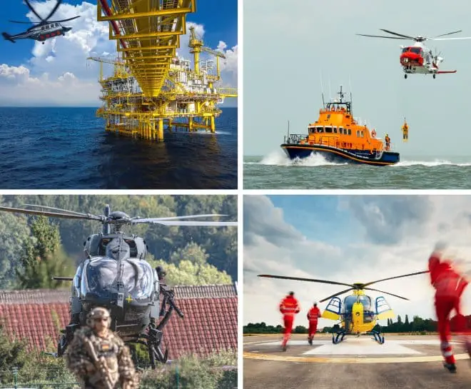 Four images: oil rig, rescue boat with helicopter, and tactical composite flooring in action.