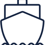 Simple line drawing of a ship with composite materials, sailing on water, viewed from the front.