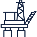 Simple line drawing of an offshore oil rig platform utilising composite materials above ocean waves.