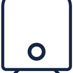 Simple icon of a train front on tracks, featuring composite materials and a circular headlamp.