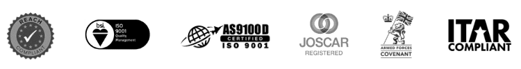 Six black and white certification and quality assurance logos in a row, including ISO and ITAR.