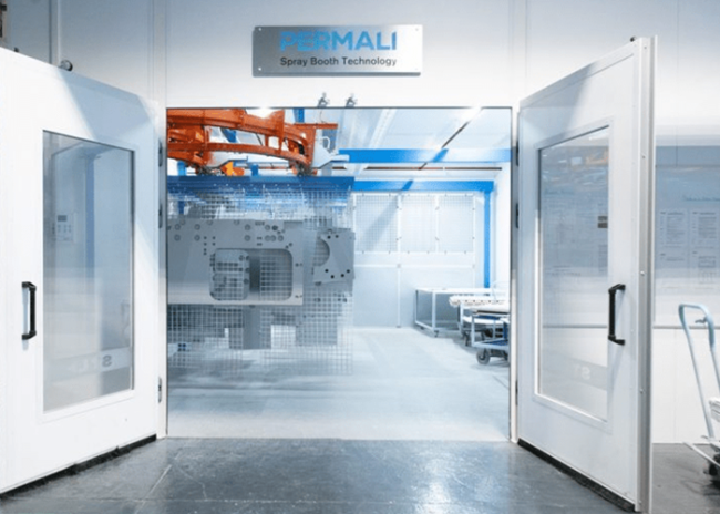 Open double doors reveal a high-tech industrial spray booth labeled PERMALI Spray Booth Technology.