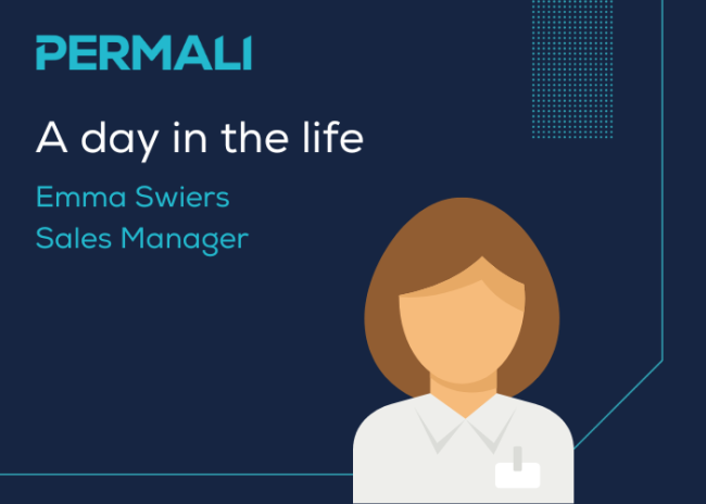 Permali – Offshore LP post (700 × 500 px) Graphic with text: PERMALI A day in the life Emma Swiers Sales Manager and an illustrated woman in a white shirt.