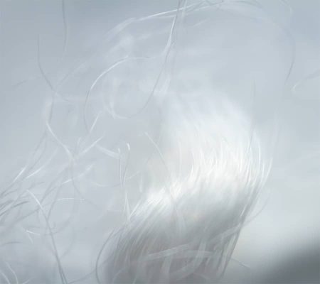 polyester Close-up of fine, wispy white fibres swirling in a soft, light composite materials background.