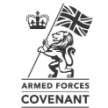 Armed Forces Covenant Lion holding UK flag, crown above, text reads Armed Forces Covenant below.